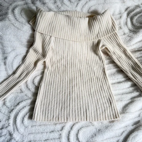 Express Off-Shoulder Beige Ribbed Sweater - Picture 5 of 5